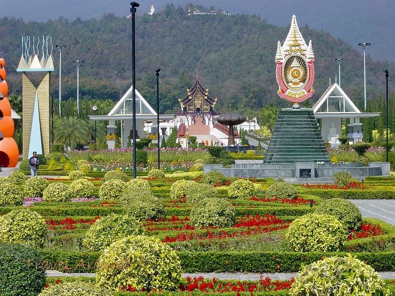 Flower gardens and pavilion at Royal Park Rajapruek