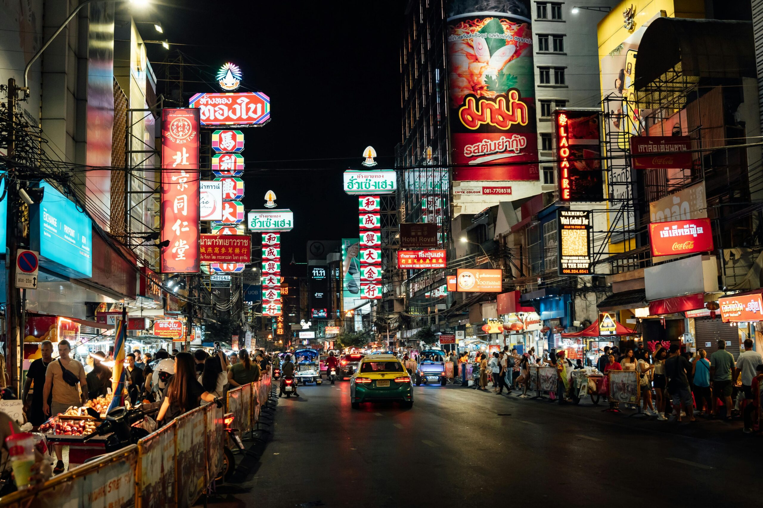 Neon-lit Yaowarat Road in Bangkok's Chinatown at night