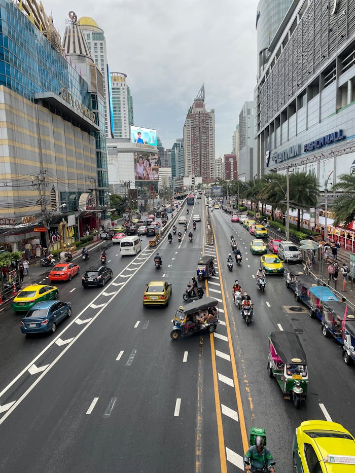 Busy Bangkok street with shops